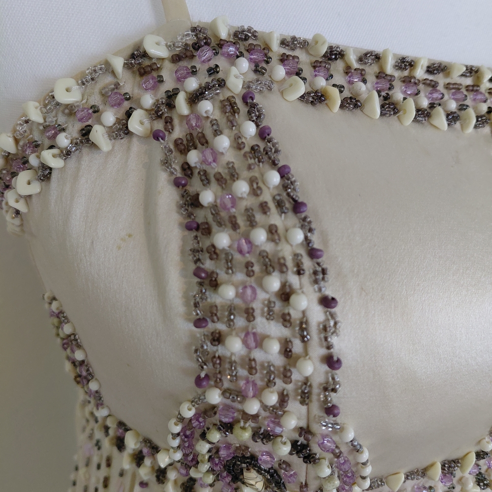 Vintage Sue Wong Couture Silk Beaded Fringe Cocktail Dress Ivory Formal Y2K Size - Picture 4 of 11